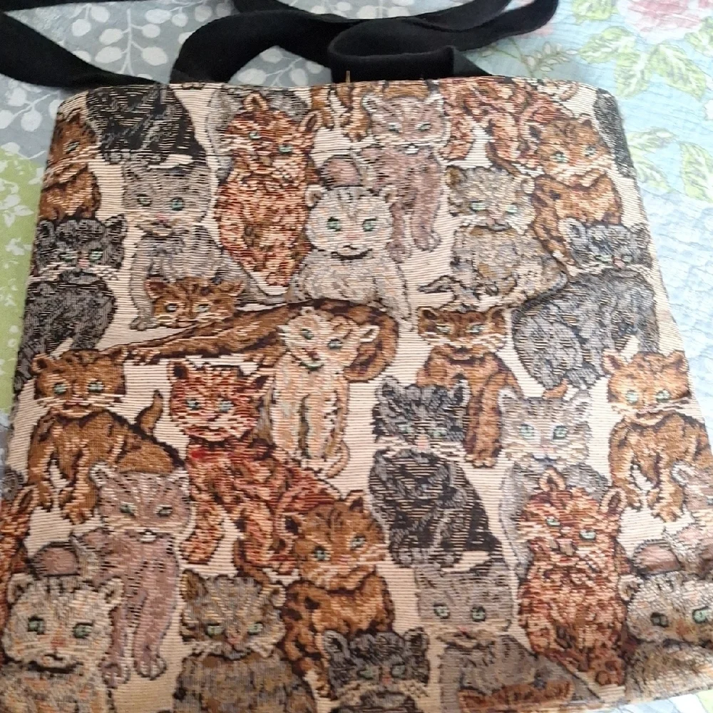 Cat Tapestry Tote Bag with Black Straps